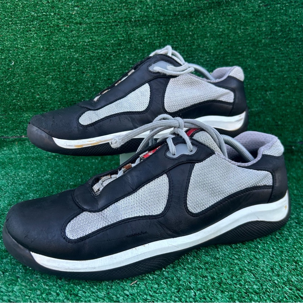 PRADA America's Cup Sneakers Mens Size 10‎ Black Leather Grey Mesh PS0906 Read